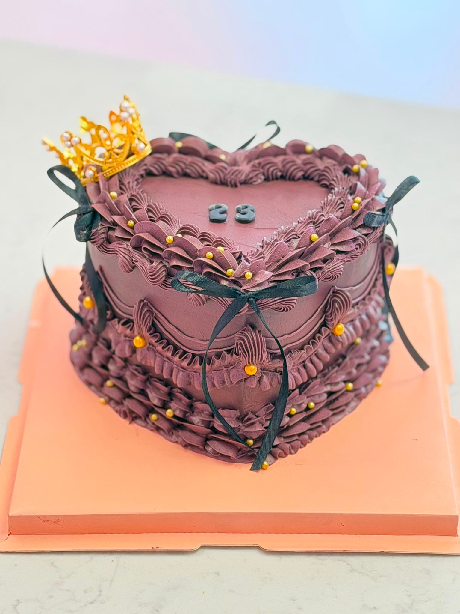 Mauve Heart Crown Vintage Cake