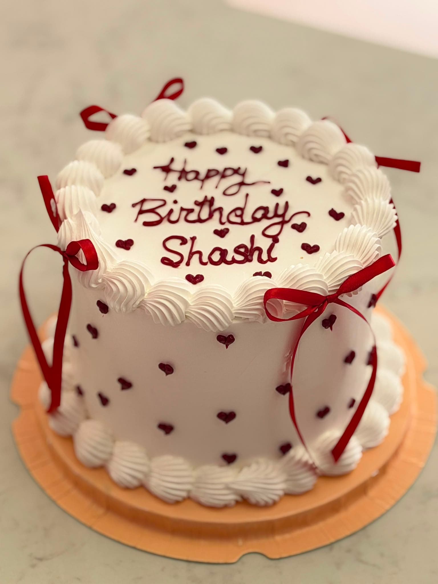 Cream Red Ribbon Birthday Cake